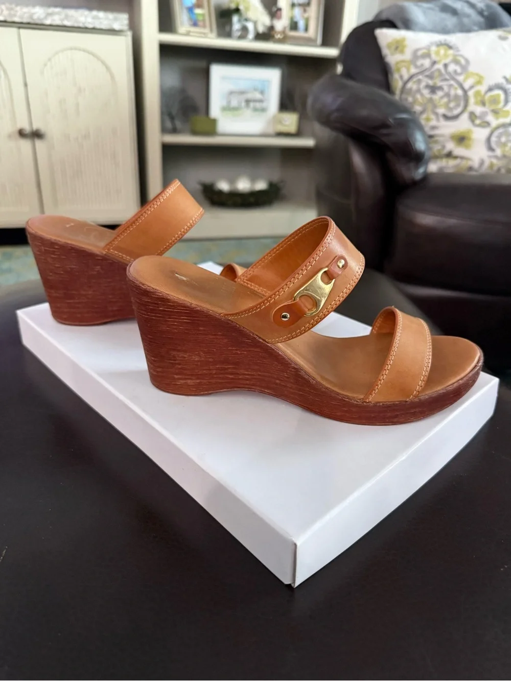 Italian Shoemakers Tan Leather Wedge Sandals with Gold Accent